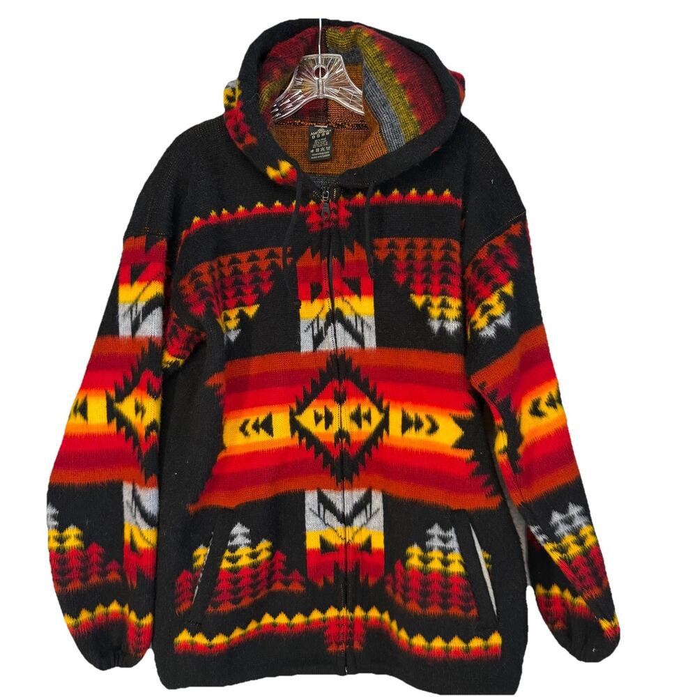Aztec Style Full-Zip Jacket 90’s Fleece Jacket Adult Large Hooded Wool Blend